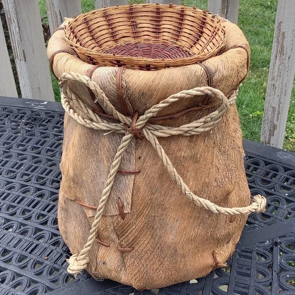 Vintage Leather Woven Coconut Palm Fronds  Boho Planter Basket